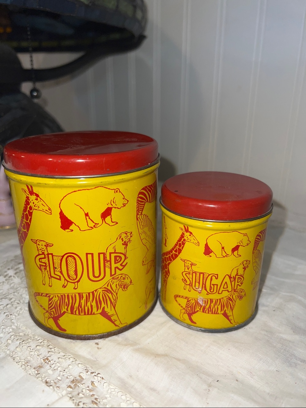 Vintage Child's Toy Tin Litho Canister Set, Animal Print in Red & Yellow